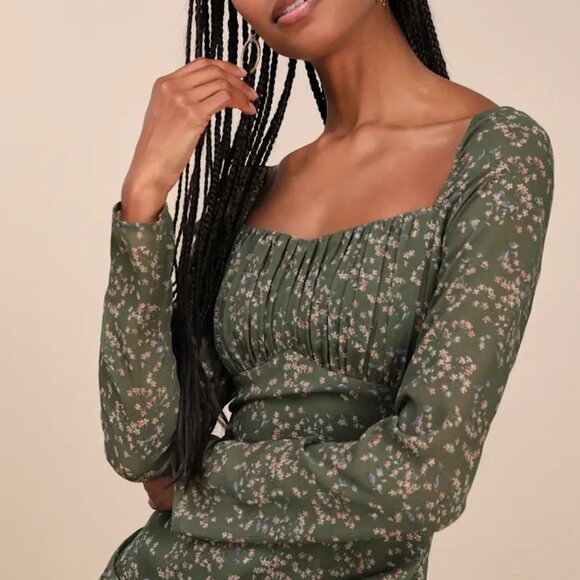LULUS Perfectly Elevated Olive Green Floral Long Sleeve Midi Dress NWOT - Picture 4 of 5